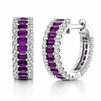 Classic Multi Row Emerald Cut Amethyst & White Sapphire Hoop Earrings For Women