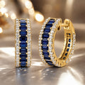Classic Multi Row Yellow Gold Emerald Cut Blue & White Sapphire Hoop Earrings For Women