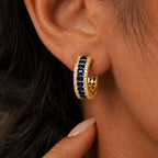 Classic Multi Row Yellow Gold Emerald Cut Blue & White Sapphire Hoop Earrings For Women