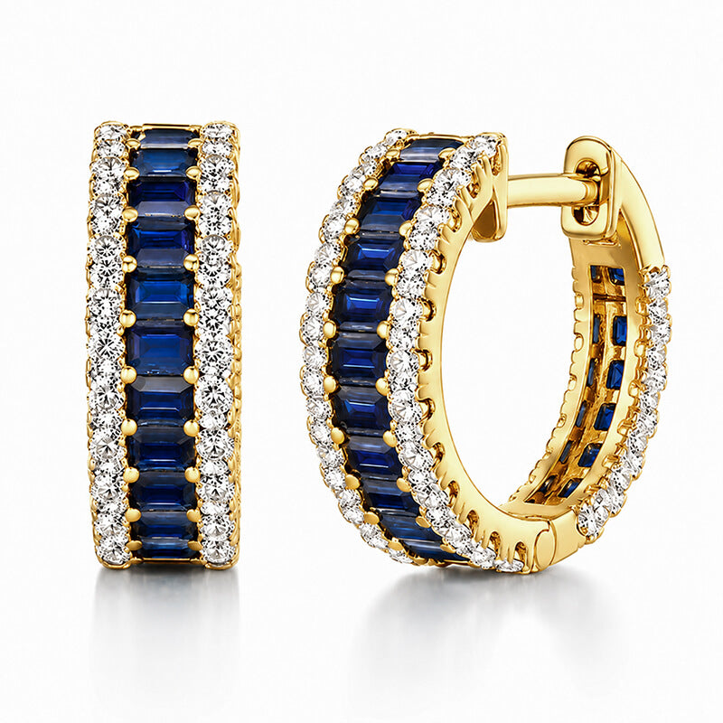 Classic Multi Row Yellow Gold Emerald Cut Blue & White Sapphire Hoop Earrings For Women
