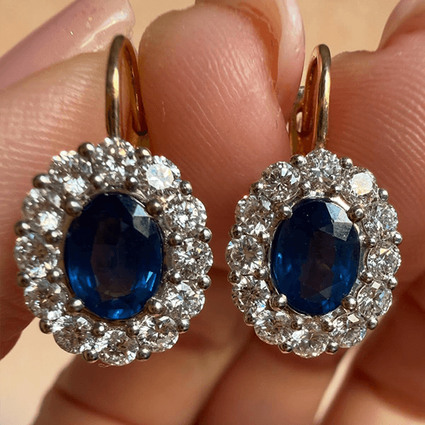 Halo Two Tone Oval Cut Blue Sapphire Drop Earrings For Women