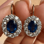 Halo Two Tone Oval Cut Blue Sapphire Drop Earrings For Women