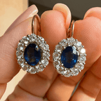 Halo Two Tone Oval Cut Blue Sapphire Drop Earrings For Women