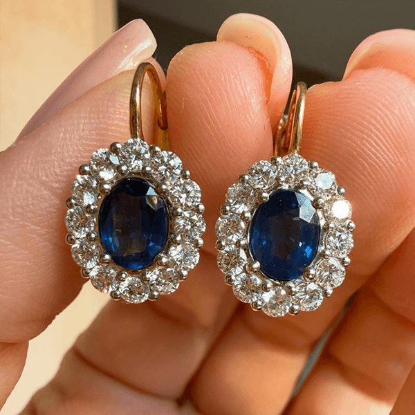 Halo Two Tone Oval Cut Blue Sapphire Drop Earrings For Women