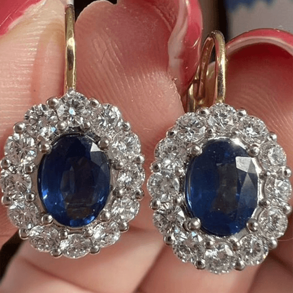 Halo Two Tone Oval Cut Blue Sapphire Drop Earrings For Women