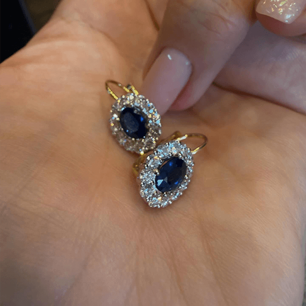 Halo Two Tone Oval Cut Blue Sapphire Drop Earrings For Women