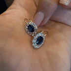 Halo Two Tone Oval Cut Blue Sapphire Drop Earrings For Women