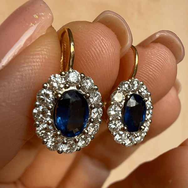 Halo Two Tone Oval Cut Blue Sapphire Drop Earrings For Women