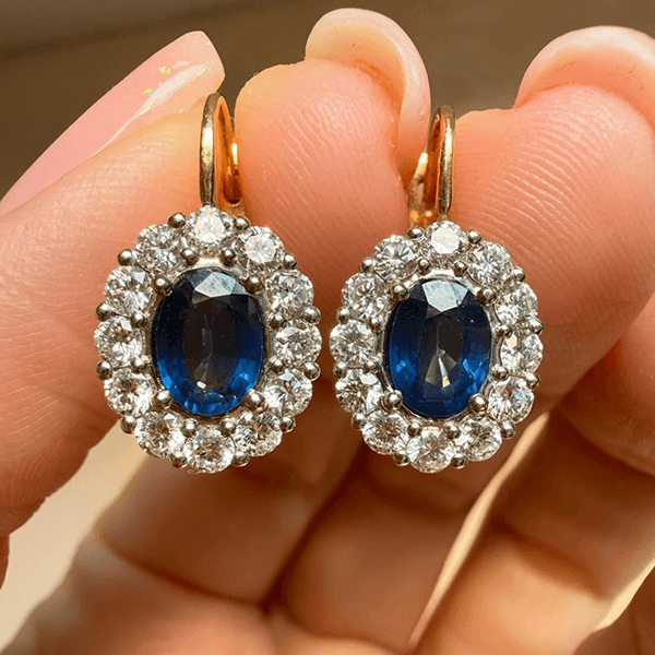 Halo Two Tone Oval Cut Blue Sapphire Drop Earrings For Women