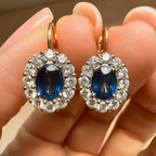 Halo Two Tone Oval Cut Blue Sapphire Drop Earrings For Women