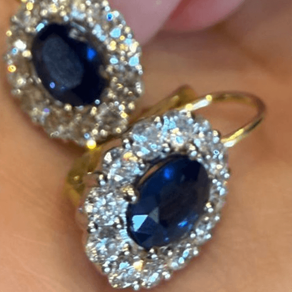 Halo Two Tone Oval Cut Blue Sapphire Drop Earrings For Women