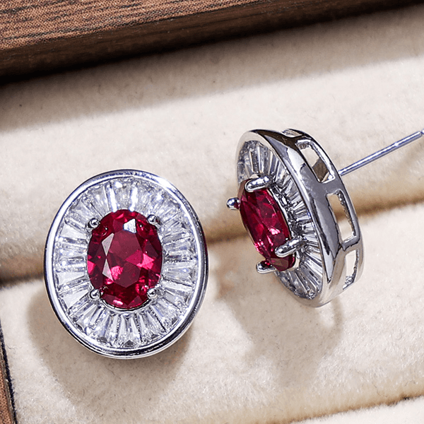 Luxury Jewelry Halo Oval Cut Ruby Sapphire Stud Earrings For Women