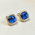 Classic Solitaire Yellow Gold Cushion Cut Blue Sapphire Stud Earrings For Women