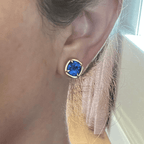 Classic Solitaire Yellow Gold Cushion Cut Blue Sapphire Stud Earrings For Women