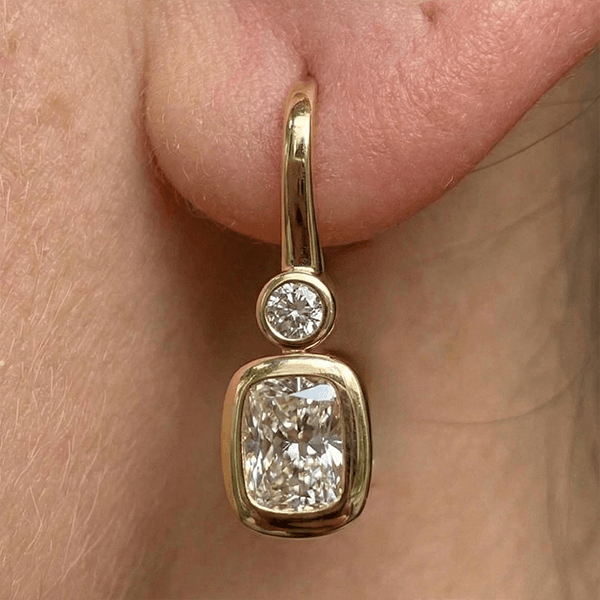 Classic Yellow Gold Bezel Cushion Cut White Sapphire Drop Earrings For Women