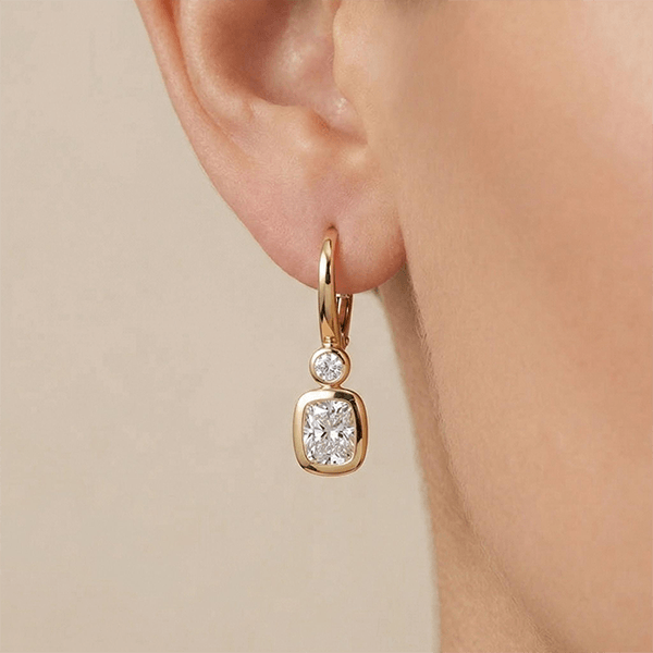 Classic Yellow Gold Bezel Cushion Cut White Sapphire Drop Earrings For Women