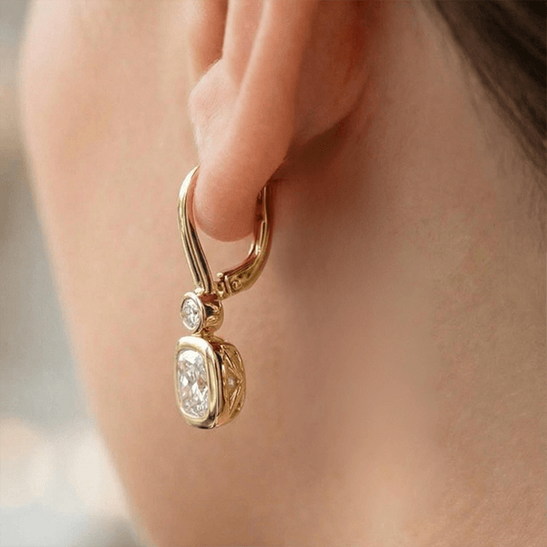 Classic Yellow Gold Bezel Cushion Cut White Sapphire Drop Earrings For Women