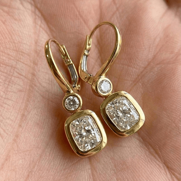Classic Yellow Gold Bezel Cushion Cut White Sapphire Drop Earrings For Women