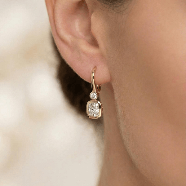 Classic Yellow Gold Bezel Cushion Cut White Sapphire Drop Earrings For Women