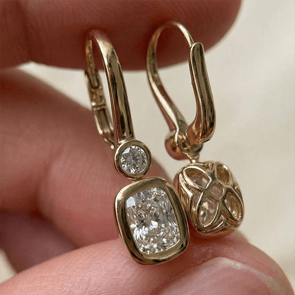 Classic Yellow Gold Bezel Cushion Cut White Sapphire Drop Earrings For Women