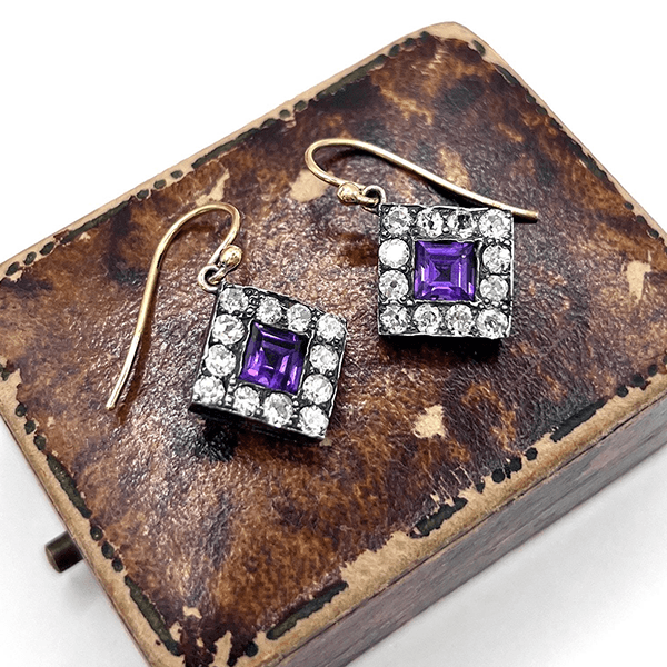 Vintage Halo Two Tone Bezel Asscher Cut Amethyst Sapphire Drop Earrings For Women