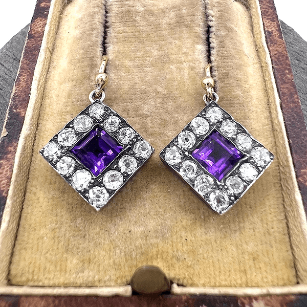 Vintage Halo Two Tone Bezel Asscher Cut Amethyst Sapphire Drop Earrings For Women