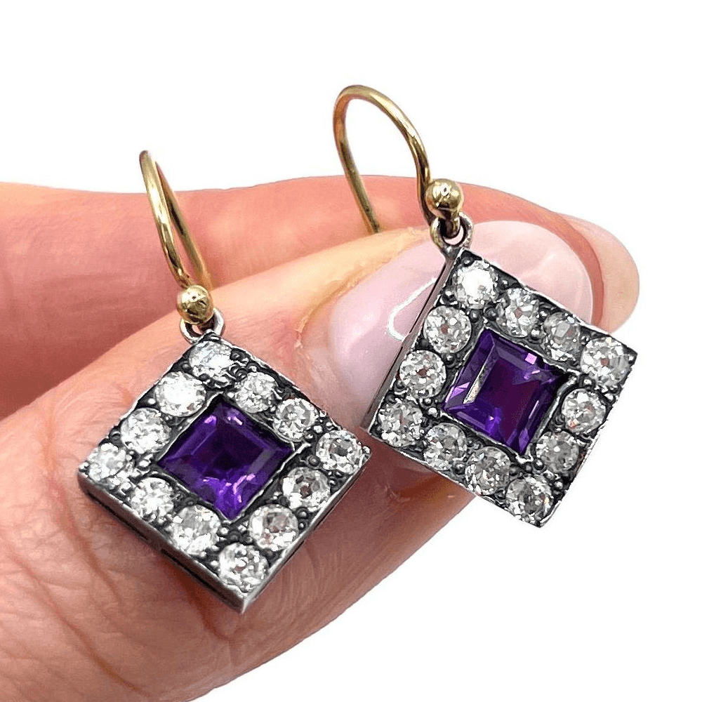 Vintage Halo Two Tone Bezel Asscher Cut Amethyst Sapphire Drop Earrings For Women