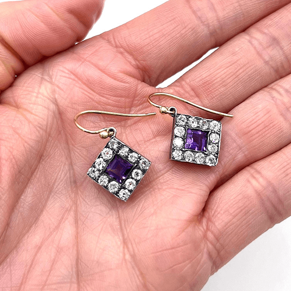 Vintage Halo Two Tone Bezel Asscher Cut Amethyst Sapphire Drop Earrings For Women