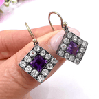 Vintage Halo Two Tone Bezel Asscher Cut Amethyst Sapphire Drop Earrings For Women