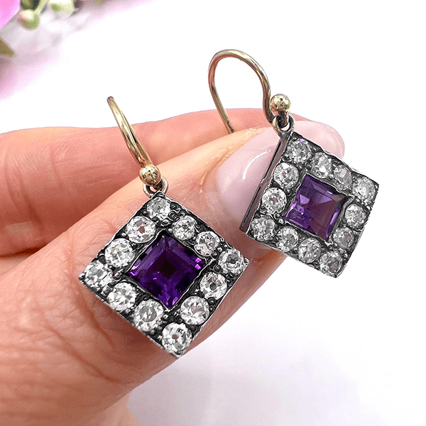 Vintage Halo Two Tone Bezel Asscher Cut Amethyst Sapphire Drop Earrings For Women
