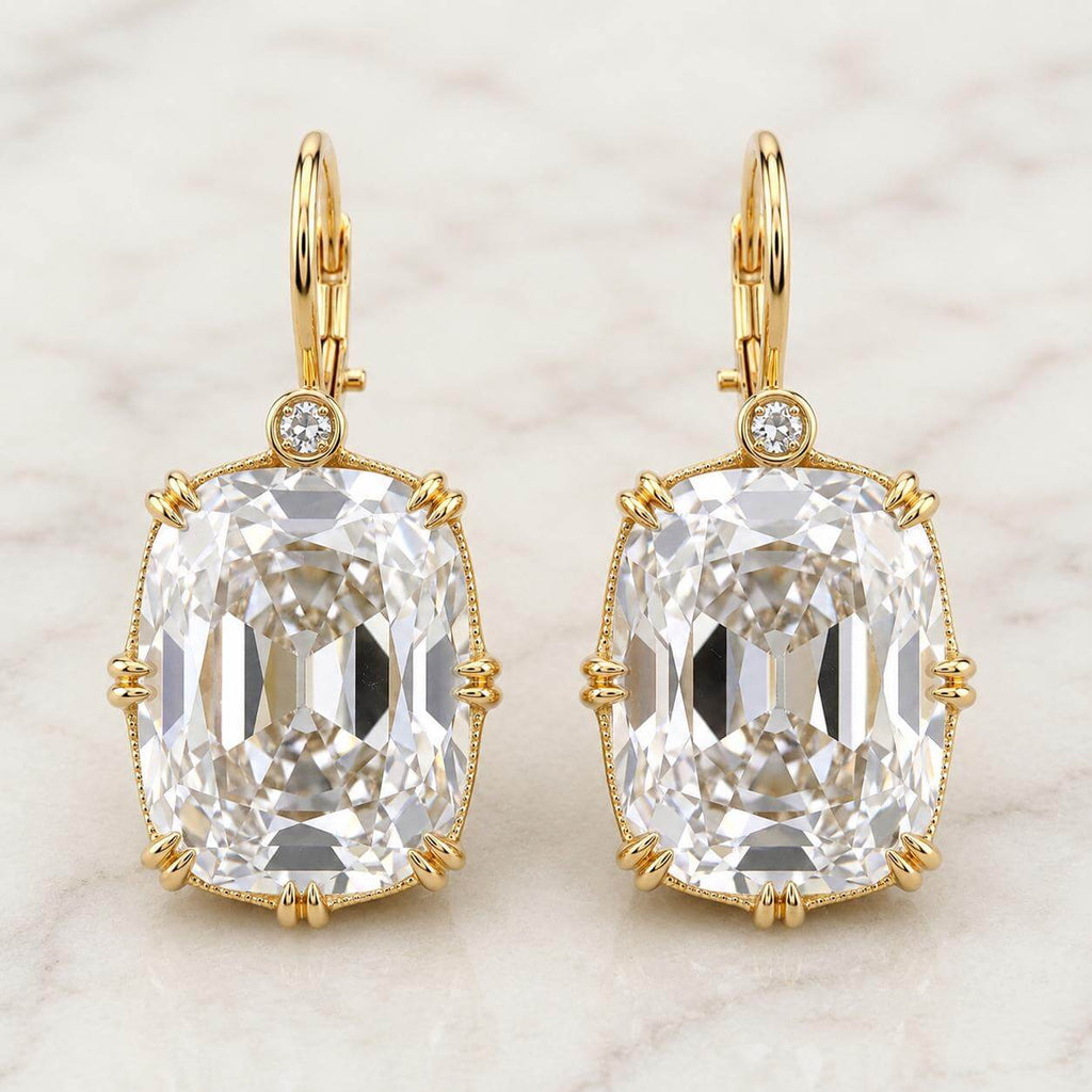Classic Double Prong Yellow Gold Cushion Cut White Sapphire Drop Earrings For Women