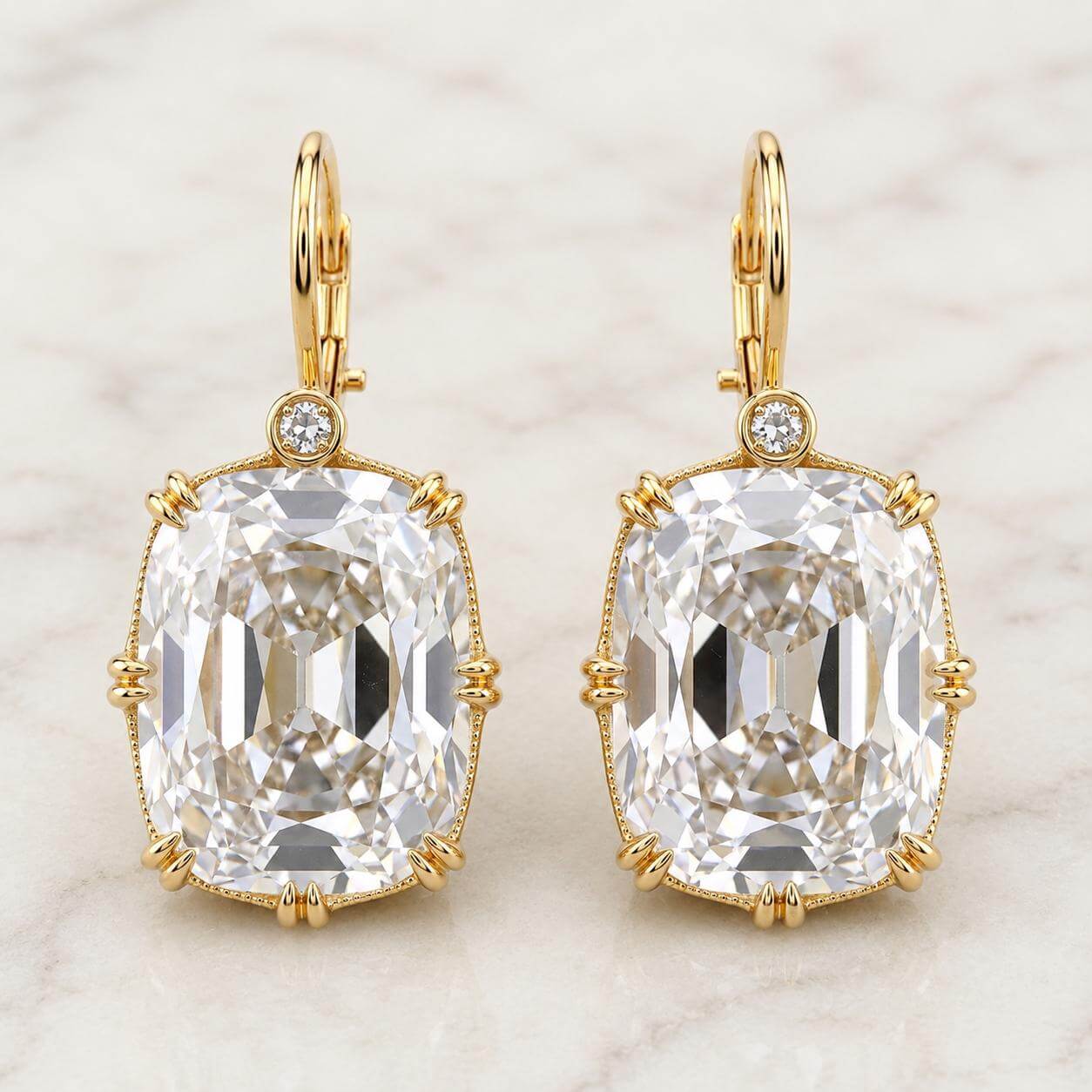 Classic Double Prong Yellow Gold Cushion Cut White Sapphire Drop Earrings For Women