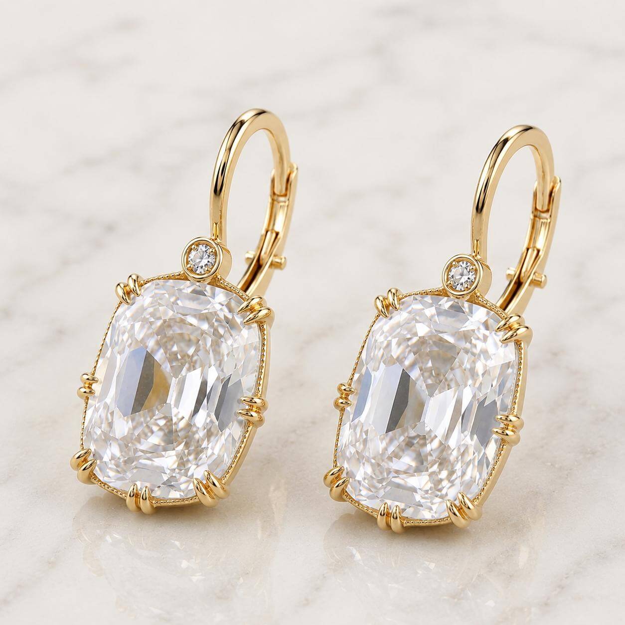 Classic Double Prong Yellow Gold Cushion Cut White Sapphire Drop Earrings For Women