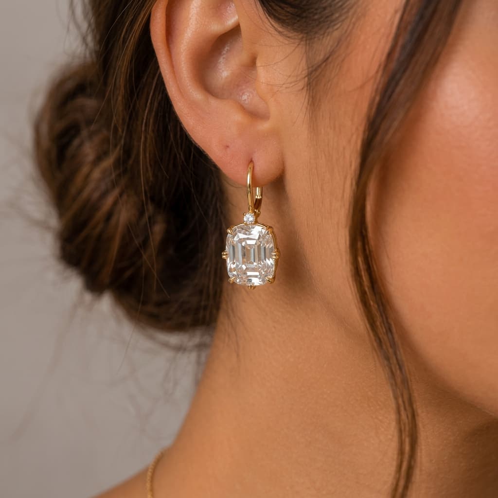 Classic Double Prong Yellow Gold Cushion Cut White Sapphire Drop Earrings For Women