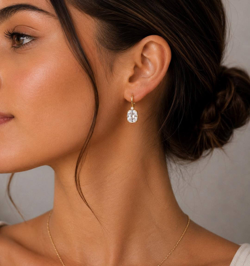 Classic Double Prong Yellow Gold Cushion Cut White Sapphire Drop Earrings For Women