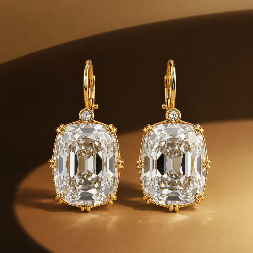 Classic Double Prong Yellow Gold Cushion Cut White Sapphire Drop Earrings For Women
