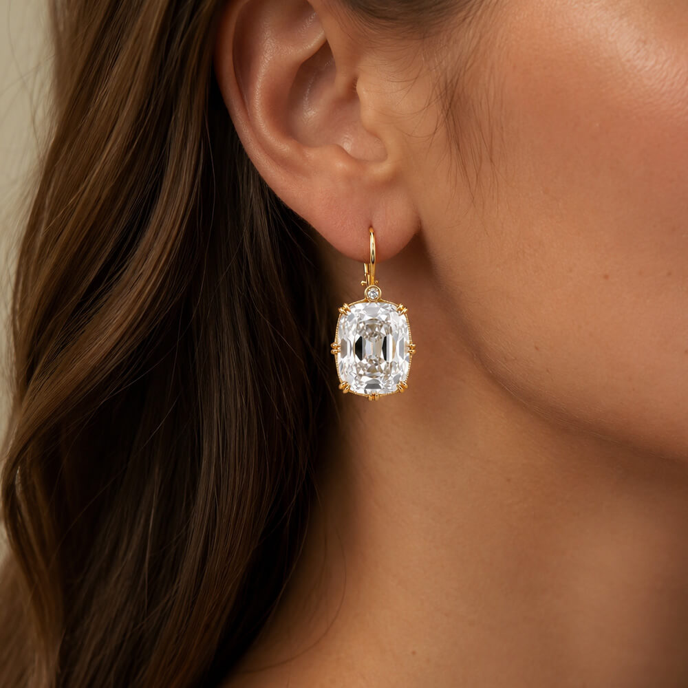 Classic Double Prong Yellow Gold Cushion Cut White Sapphire Drop Earrings For Women
