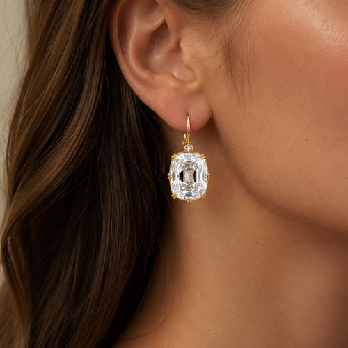 Classic Double Prong Yellow Gold Cushion Cut White Sapphire Drop Earrings For Women
