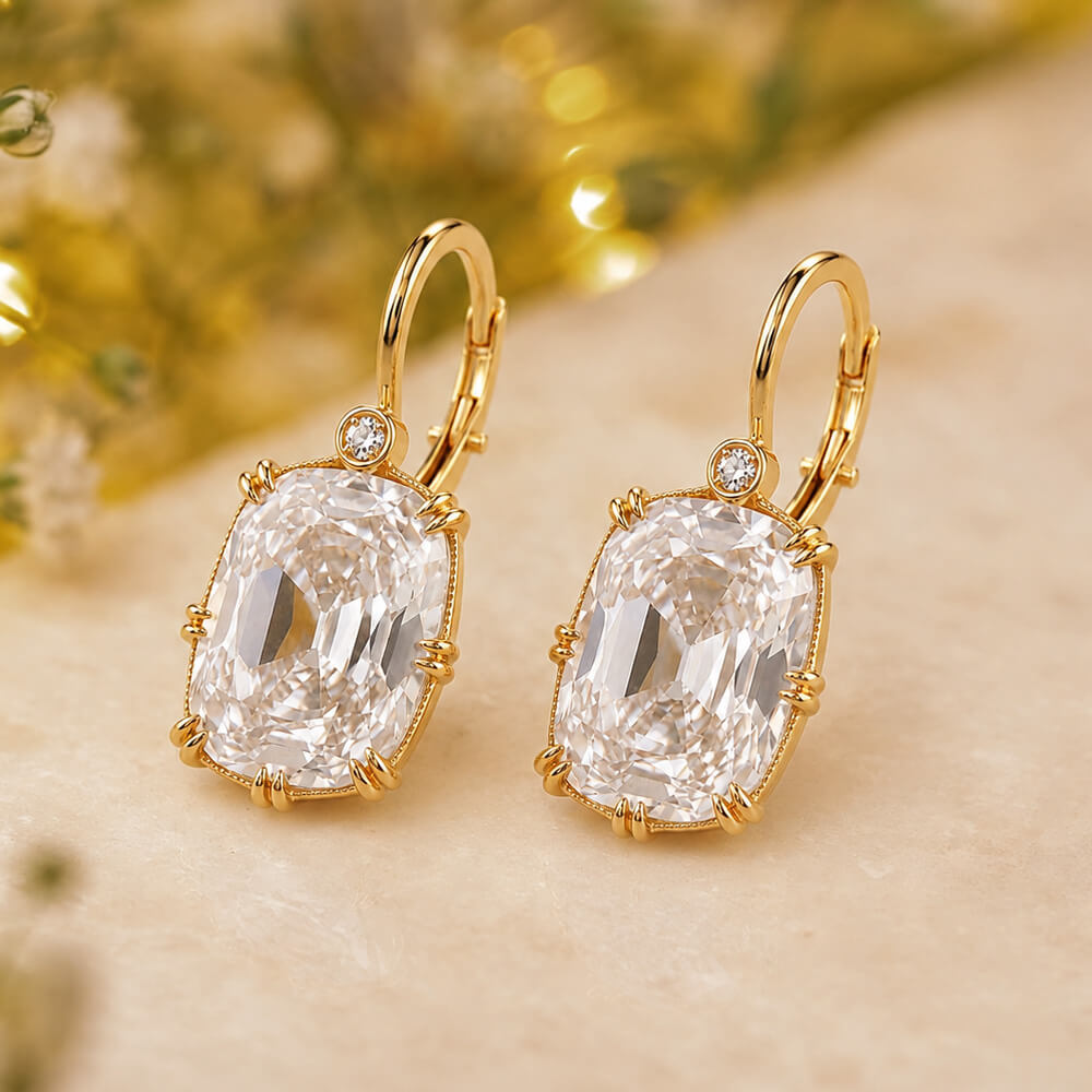 Classic Double Prong Yellow Gold Cushion Cut White Sapphire Drop Earrings For Women