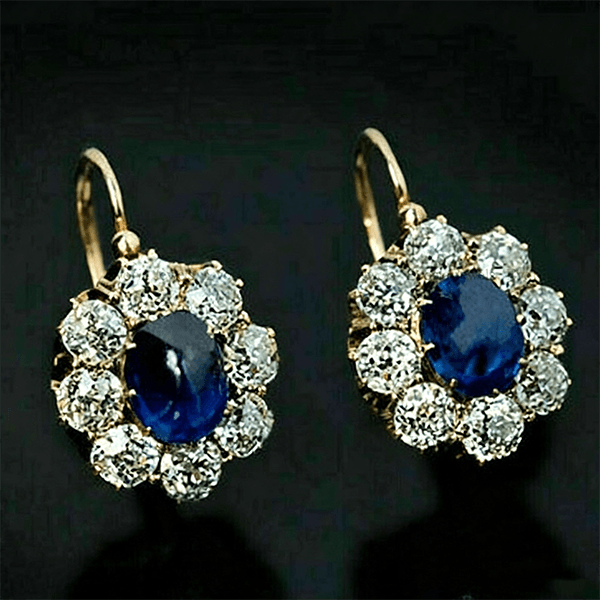 Vintage Halo Yellow Gold Oval Cabochon Cut Blue Sapphire Drop Earrings For Women