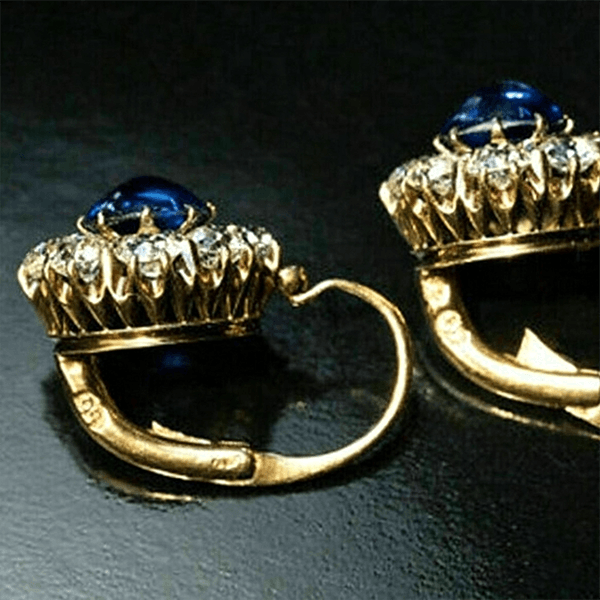 Vintage Halo Yellow Gold Oval Cabochon Cut Blue Sapphire Drop Earrings For Women