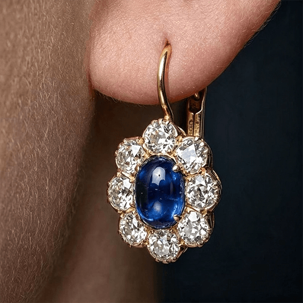 Vintage Halo Yellow Gold Oval Cabochon Cut Blue Sapphire Drop Earrings For Women