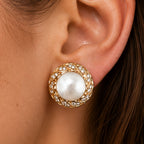 Luxury Halo Yellow Gold Round Cut Preal & White Sapphire Stud Earrings For Women