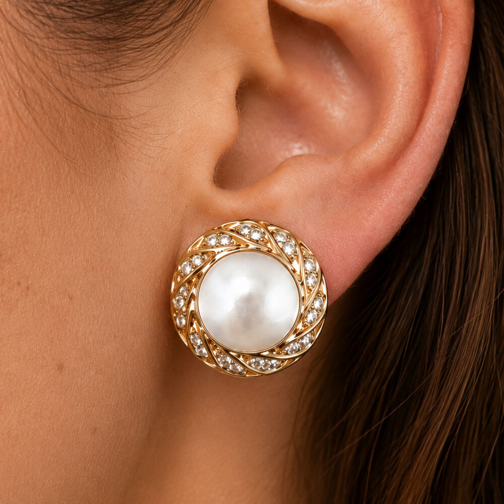 Luxury Halo Yellow Gold Round Cut Preal & White Sapphire Stud Earrings For Women