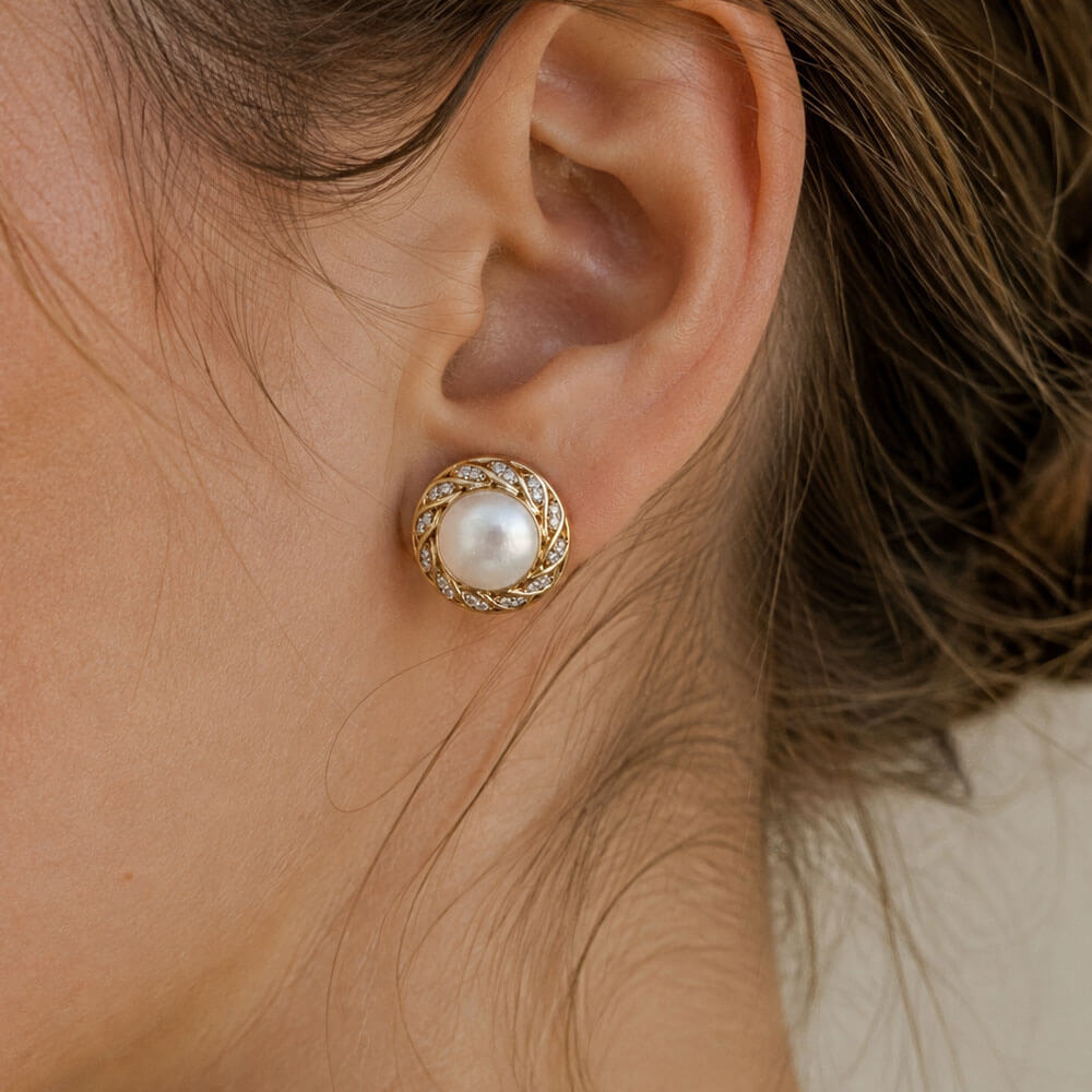 Luxury Halo Yellow Gold Round Cut Preal & White Sapphire Stud Earrings For Women