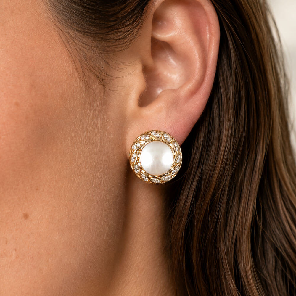 Luxury Halo Yellow Gold Round Cut Preal & White Sapphire Stud Earrings For Women