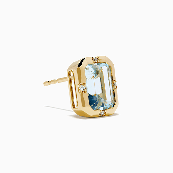 Classic Yellow Gold Bezel Set Emerald Cut Aquamarine Sapphire Stud Earrings For Women