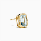 Classic Yellow Gold Bezel Set Emerald Cut Aquamarine Sapphire Stud Earrings For Women