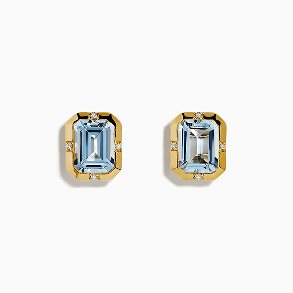 Classic Yellow Gold Bezel Set Emerald Cut Aquamarine Sapphire Stud Earrings For Women