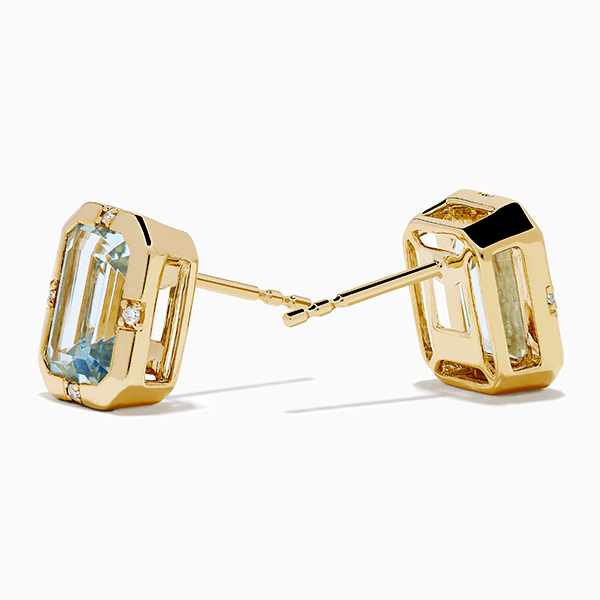 Classic Yellow Gold Bezel Set Emerald Cut Aquamarine Sapphire Stud Earrings For Women